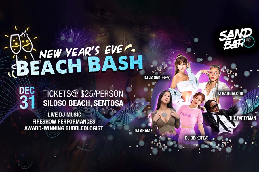 List of New Year’s Eve (NYE) countdown parties in Singapore 2023 / 2024 - Sand Bar New Year's Eve Beach Bash