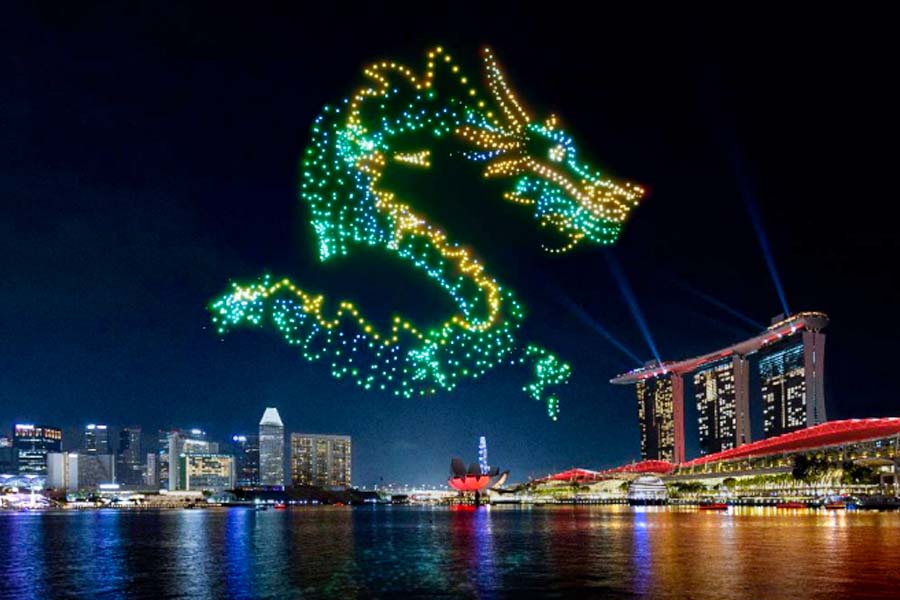 Singapore Chinatown Chinese New Year (CNY) 2024 - Marina Bay Sands (MBS) Dragon Drone Show - A fleet of 1500 drones in a symphony of lights and music
