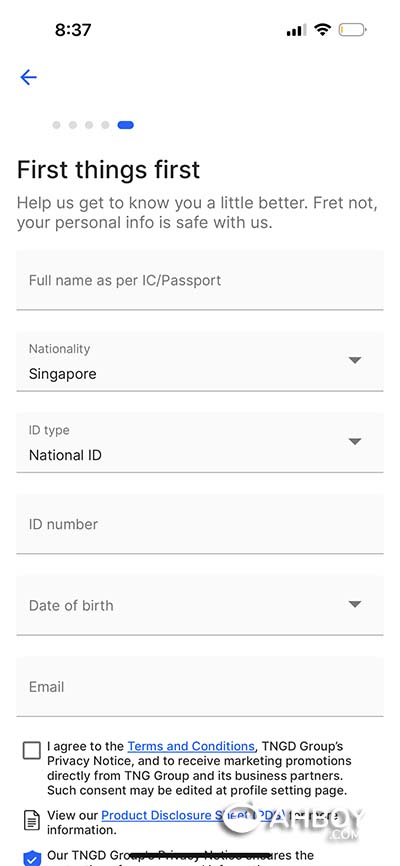 Touch N Go Mobile App - Create Account - Complete Personal Particulars (Name, NRIC, Date of Birth, Email Address)